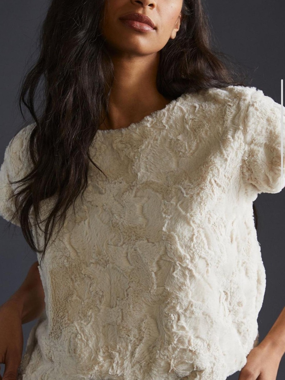 Anthropologie Faux Fur Short-Sleeve Top in Light Beige, Size XL, EUC